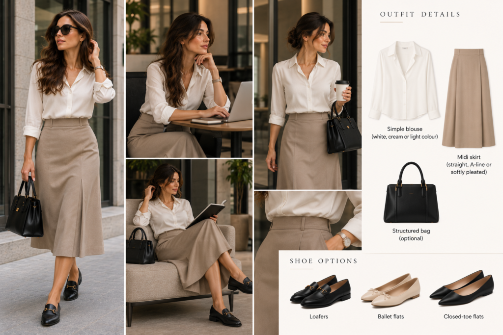 Midi skirt with tucked-in white blouse and loafers for a women’s job interview