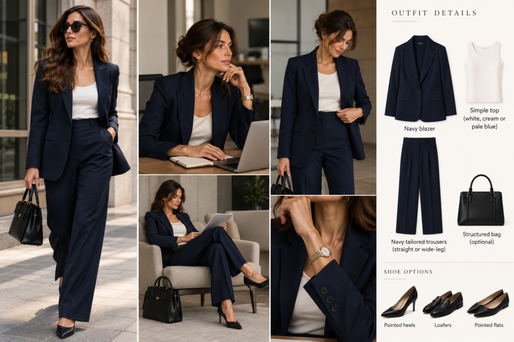 Navy trouser suit with cream top and black shoes for a women’s job interview