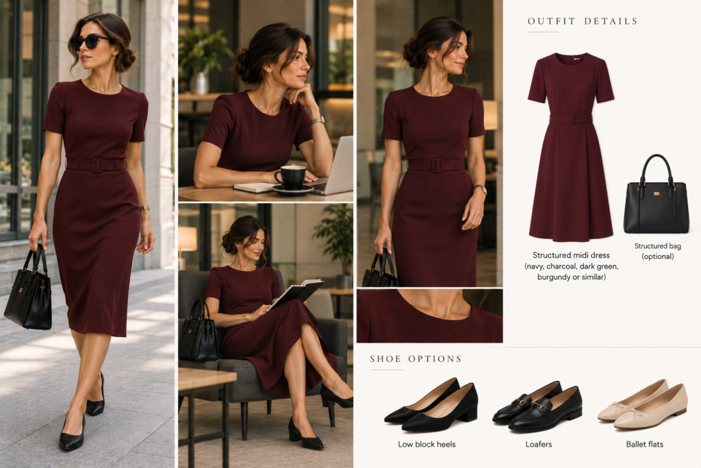 Burgundy structured midi dress with low heels for a women’s job interview