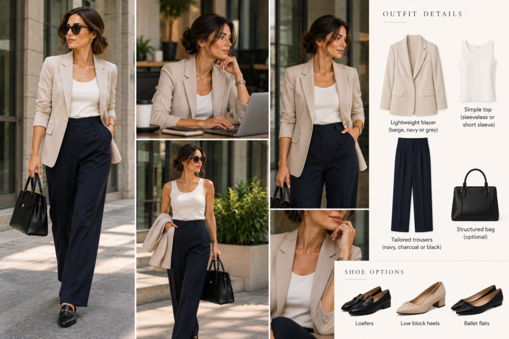 Summer job interview outfit for women with dark tailored trousers, lightweight beige blazer and simple white top