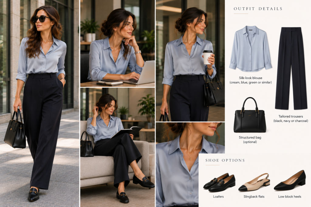 Tailored dark trousers with a pale blue silk-look blouse for a women’s job interview