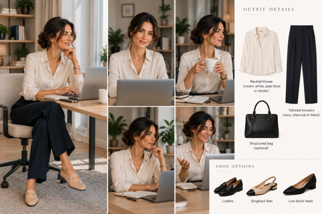 Neutral blouse and tailored trousers outfit for a women’s video job interview