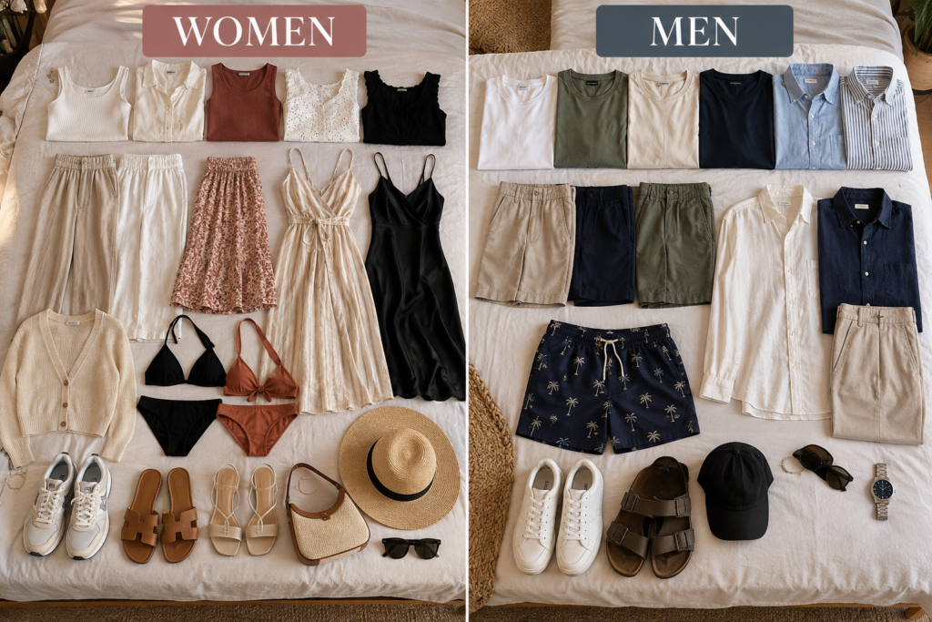 Dubai 7-day packing list for women and men, featuring lightweight clothing, swimwear, comfortable shoes and travel accessories.