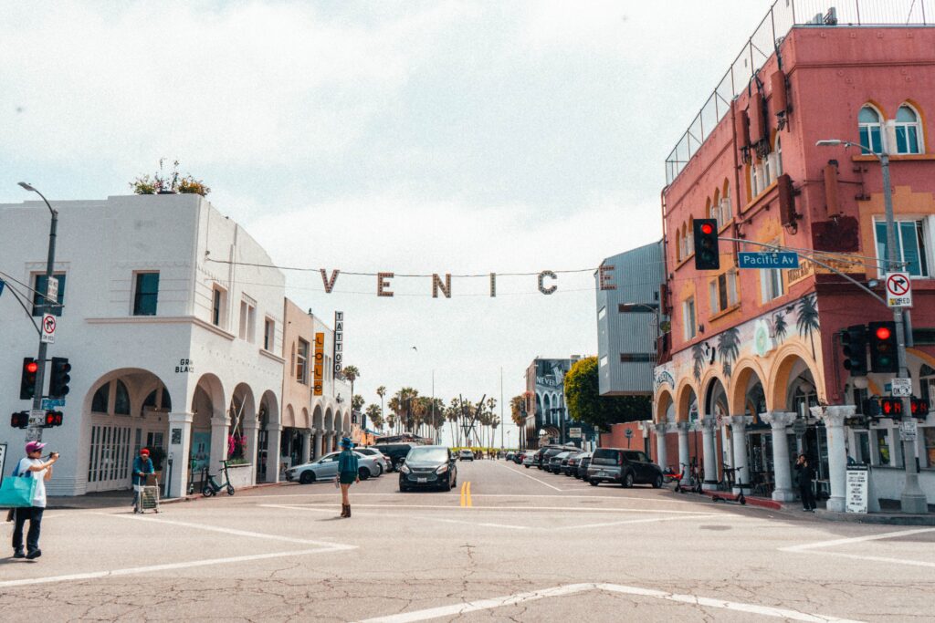 Famous Venice Beach sign above Windward Avenue in Los Angeles