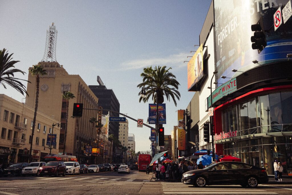 Hollywood Boulevard and Highland Avenue intersection with El Capitan Theatre in Los Angeles