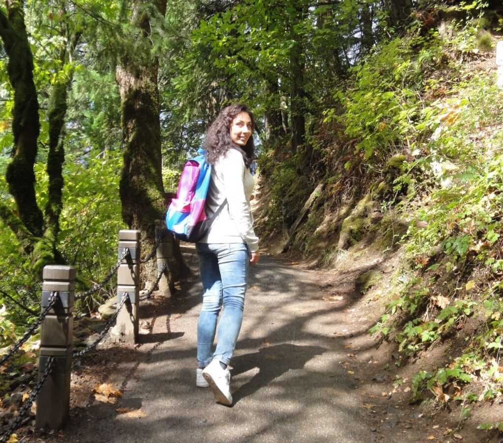 Hiking the switchback trail to the top of Multnomah Falls
